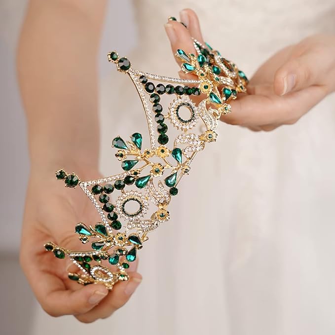 Wekicici Baroque Queen Crown Green Crystal Tiara Rhinestone Princess Wedding Headband for Women Birthday Pageant Party(Green)