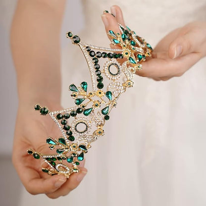 Wekicici Baroque Queen Crown Green Crystal Tiara Rhinestone Princess Wedding Headband for Women Birthday Pageant Party(Green)