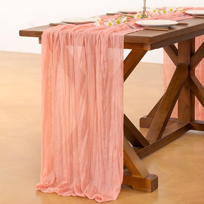 Socomi 6pcs Coral Peach Fall Thanksgiving Cheesecloth Table Runner Boho Rustic Gauze 120 inch 10FT Cheese Cloth Runner for Wedding Party Baby Shower Birthday Home Decor Holiday Decorations