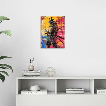 Japanese Wall Art, Graffiti Samurai Pictures Wall Decor, Banksy Samurai Canvas Prints, Japan Painting, Framed Artwork for Bathroom Living Room Bedroom Office Dining Room 24"X20"