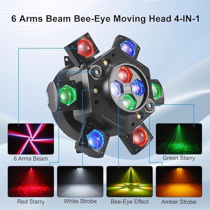 6-Arm 150W RGBW Bee-Eye Spider DJ Moving Head Light – LED Stage Lighting with DMX512, Sound Activated Beam Wash, Strobe & Starry Effects for Clubs, Parties, Weddings, Events