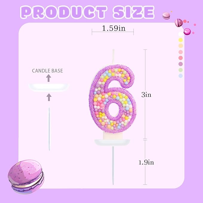 Birthday Candles - Number 6 Candle, Colorful Macaron Candles for Boys/Girls, Purple Party Decorations, Purple Cake Decorations