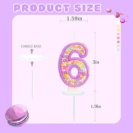 Birthday Candles - Number 6 Candle, Colorful Macaron Candles for Boys/Girls, Purple Party Decorations, Purple Cake Decorations