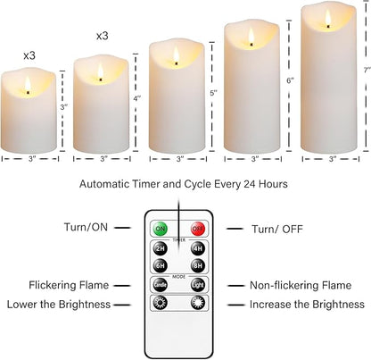 Flameless Candles with Remote, Battery Operated Flickering Flameless Candles, LED Candles with Timer 2/4/6/8H, with Realistic LED Candles Set of 9 (D3 x H 3" 4" 5" 6" 7") (White)