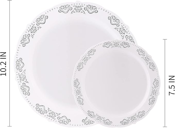 FULING 175 Pieces Silver White Dinnerware Set For 25 Guest Disposable Tableware Plastic Cutlery 5-Sets, With 12oz Cups, Knife, Fork, Spoon, Dinner Paper Each 25 Pieces For Wedding, Birthday, Party