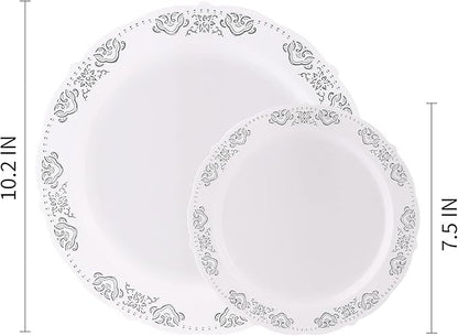 FULING 175 Pieces Silver White Dinnerware Set For 25 Guest Disposable Tableware Plastic Cutlery 5-Sets, With 12oz Cups, Knife, Fork, Spoon, Dinner Paper Each 25 Pieces For Wedding, Birthday, Party
