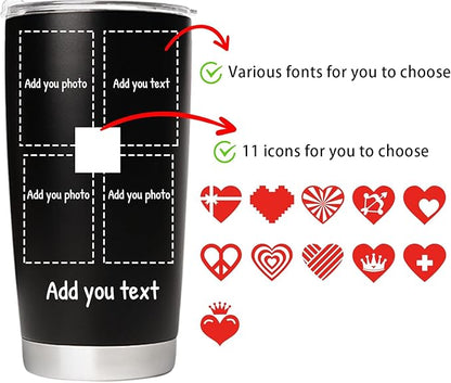 Personalized Tumbler with Pictures Text, Custom Photo Stainless Steel Coffee Tumbler, Coffee Travel Mug Cup 20 Oz Custom Gifts for Fathers Day Christmas Birthday for Dad Mom Kids