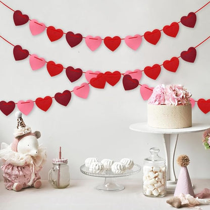 Valentines Day Decorations, Valentines Day Garland - Felt Heart Garland Banner for Mantle, Wall, Party Valentine Decorations - Hanging Hearts Decorations for Valentine Decor, 6 Strips