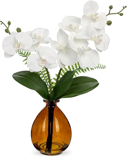 Oairse White Orchids Artificial Flowers, Faux Orchid in Glass Vase Real Touch Small Phalaenopsis Orchid Flowers Arrangements with Amber Vase Orchids Centerpiece for Dining Room Table