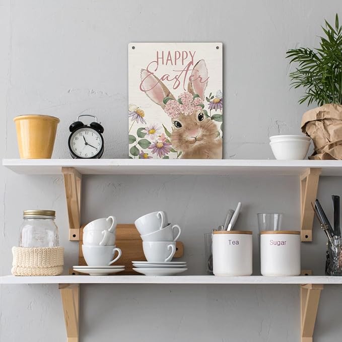 Mtrgdn Easter Decor,Decoration Happy Easter Sign Spring Bunny Rabbit Wood Wall Hanging Tags, Indoor Home Front Porch Farmhouse Decor,8×10 Inch