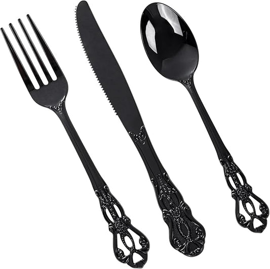 150PCS Black Plastic Silverware - Heavy Duty Disposable Cutlery Sets - Fancy Plastic Utensils Flatware Include 50 Forks, 50 Spoons, 50 Knives for Catering, Dinners, Weddings, New Year Party