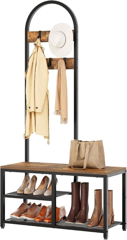 Hall Tree, Coat Rack with Shoe Storage, Entryway Bench with Coat Rack and Shoe Shelf, All-in-One Entryway Storage Organizer, for Foyer, Hallway, Cloakroom, Rustic Brown and Black MT04BRY1