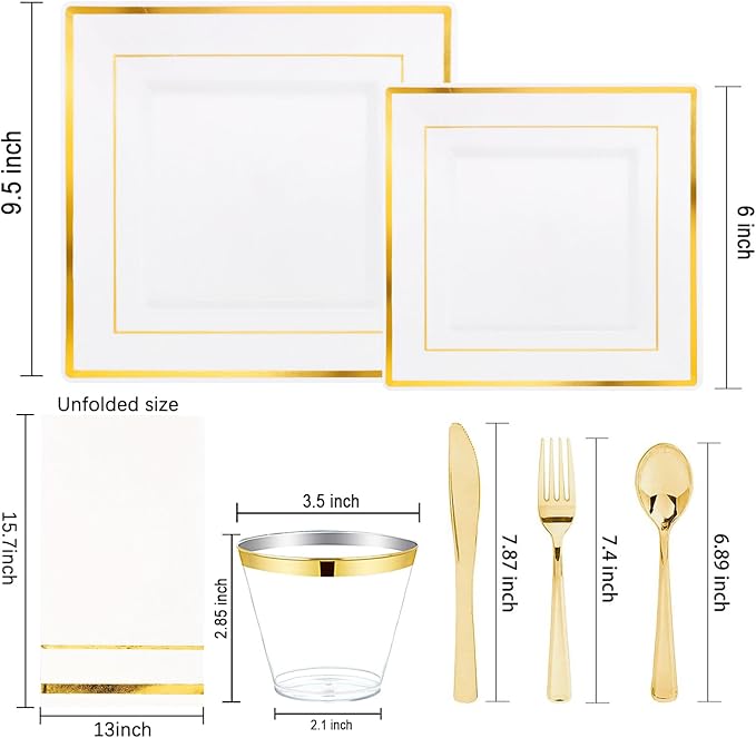 Festiva 350Pcs Gold Plastic Plates - Disposable Square Gold Plates Dinnerware set include 9.5"/6" Plates,Cups,Plastic Cutlery,Hand Napkins Perfect for 50 guests Party&Wedding&Thanksgiving&Christmas