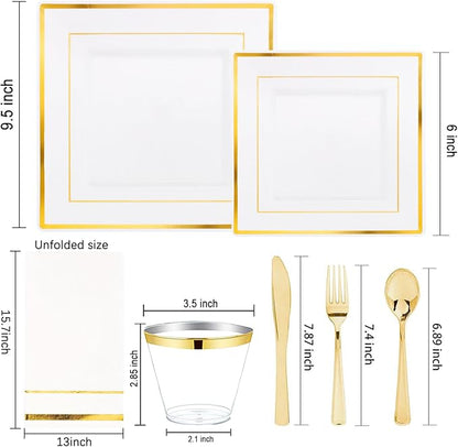 Festiva 350Pcs Gold Plastic Plates - Disposable Square Gold Plates Dinnerware set include 9.5"/6" Plates,Cups,Plastic Cutlery,Hand Napkins Perfect for 50 guests Party&Wedding&Thanksgiving&Christmas