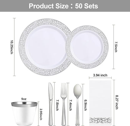 350PCS Silver Plastic Dinnerware Set for 50 Guests, Disposable Plates for Party, Wedding, Include 50 Dinner Plates, 50 Dessert Plates, 50 Set Silver Silverware, 50 Cups, 50 Napkins