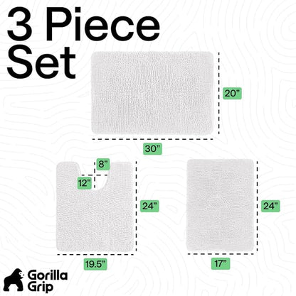 GORILLA GRIP Bathroom Rug Sets 3 Piece, Bath Mat Set and Oval Toilet Base with Rubber Backing, Plush Absorbent Shaggy Chenille Washable Mats, Includes 24x19.5, 24x17 and 30x20 Inch Rugs, Cream