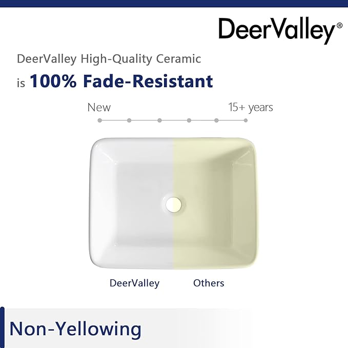 DeerValley Vessel Sink Rectangle 19"x15" Bathroom Sink, White Ceramic Rectangular Sink Above Counter Porcelain Art Basin,19 Inch Bathroom Sinks, DV-1V031