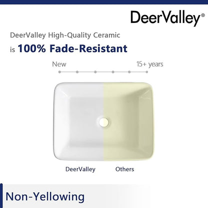 DeerValley Vessel Sink Rectangle 19"x15" Bathroom Sink, White Ceramic Rectangular Sink Above Counter Porcelain Art Basin,19 Inch Bathroom Sinks, DV-1V031
