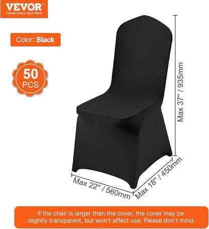VEVOR 50 Pcs Flat-Front Chair Covers Polyester Spandex Stretch Slipcovers for Wedding Party Dining Banquet, Black
