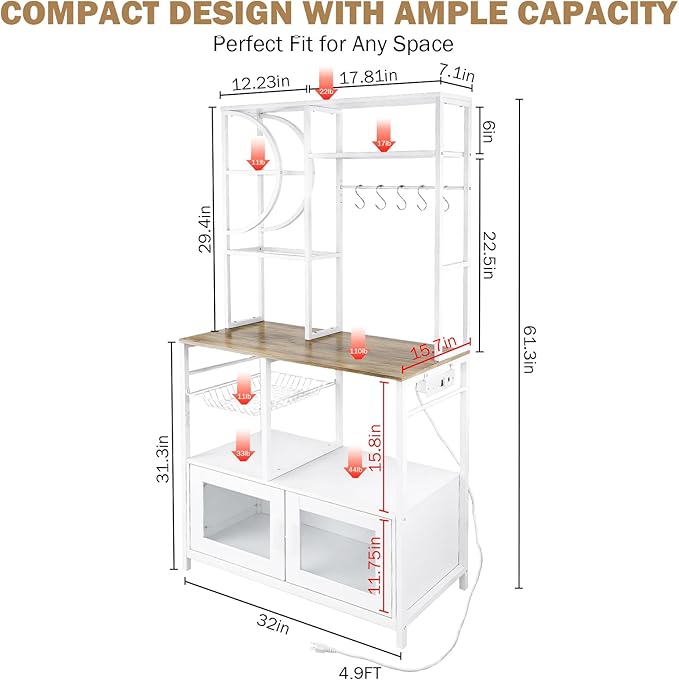 Uieke Bakers Rack with Power Outlet and Storage, Kitchen Bakers Rack with Cabinet & 10 Hooks, Coffee Bar Cabinet, Microwave Stand, 5 Tiers Kitchen Storage Rack for Dining Room & Small Spaces, White