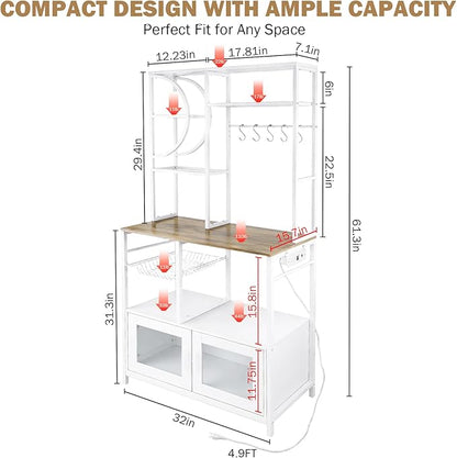 Uieke Bakers Rack with Power Outlet and Storage, Kitchen Bakers Rack with Cabinet & 10 Hooks, Coffee Bar Cabinet, Microwave Stand, 5 Tiers Kitchen Storage Rack for Dining Room & Small Spaces, White