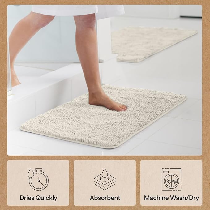 GORILLA GRIP Bath Rug Mat 60x24, Thick Soft Absorbent Chenille, Quick Dry Microfiber Mats, Rubber Backing Washable Shower Floor Rugs, Bathmat Runner, US Designed Bathroom Home Decor Accessories Ivory