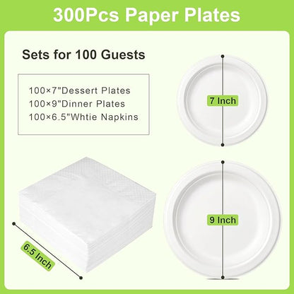 Disposable Paper Plates Set, 7-inch, 9-inch Eco friendly Heavy Duty Plates and Napkins Party Supplies, Compostable Dessert Dinner Paper Plate White, For 100 Guests