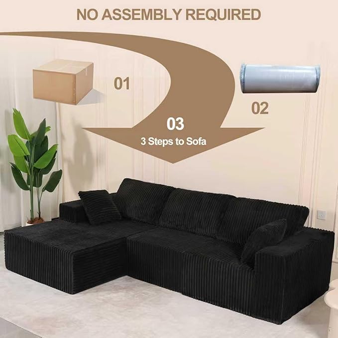 L Shaped Modular Boneless Sectional Couches for Living Room, Wide Armrest, Deep Seat, Memory Foam, Assembly Free, Modern Comfy Corduroy Fluffy Cloud Sofa with Left Chaise, Black