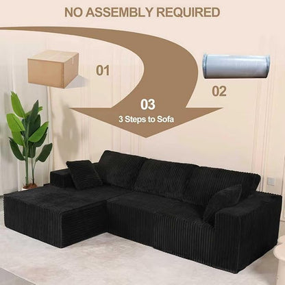 L Shaped Modular Boneless Sectional Couches for Living Room, Wide Armrest, Deep Seat, Memory Foam, Assembly Free, Modern Comfy Corduroy Fluffy Cloud Sofa with Left Chaise, Black