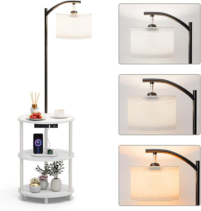 Round Side Table with Lamp and USB Ports, 3-Tier Small End Table for Living Room & Bedroom, Rustic Wood Metal Nightstand for Small Spaces, Easy to Assemble, Marble White