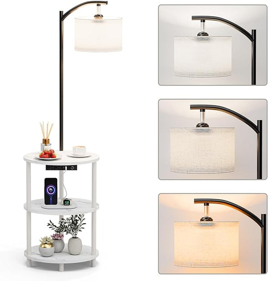 Round Side Table with Lamp and USB Ports, 3-Tier Small End Table for Living Room & Bedroom, Rustic Wood Metal Nightstand for Small Spaces, Easy to Assemble, Marble White