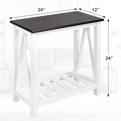 Farmhouse End Side Table Wood Frame Narrow Side Table with Shelves Black White Rectangular Night Stand Sofa Table for Couch, Small Spaces, Living Room, Bedroom