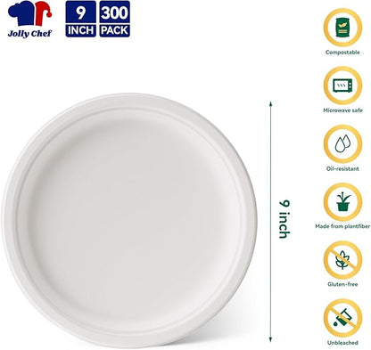 JOLLY CHEF Compostable Heavy Duty Plates 9 Inch [300 Pack] Eco-Friendly Disposable Natural Paper Plates Bagasse Biodegradable Bulk for Party Dinner Sugarcane Fibers Lunch Christmas (White)