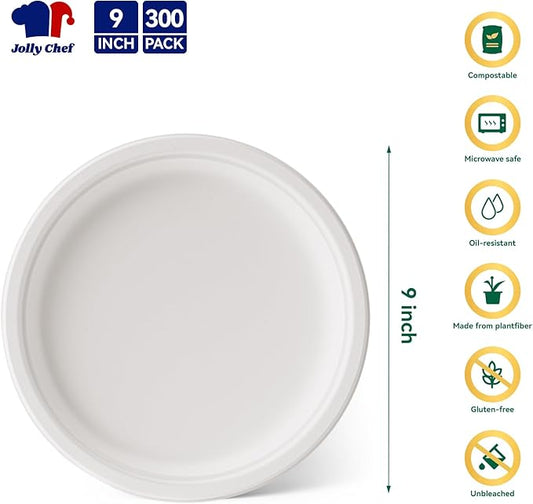 JOLLY CHEF Compostable Heavy Duty Plates 9 Inch [300 Pack] Eco-Friendly Disposable Natural Paper Plates Bagasse Biodegradable Bulk for Party Dinner Sugarcane Fibers Lunch Christmas (White)