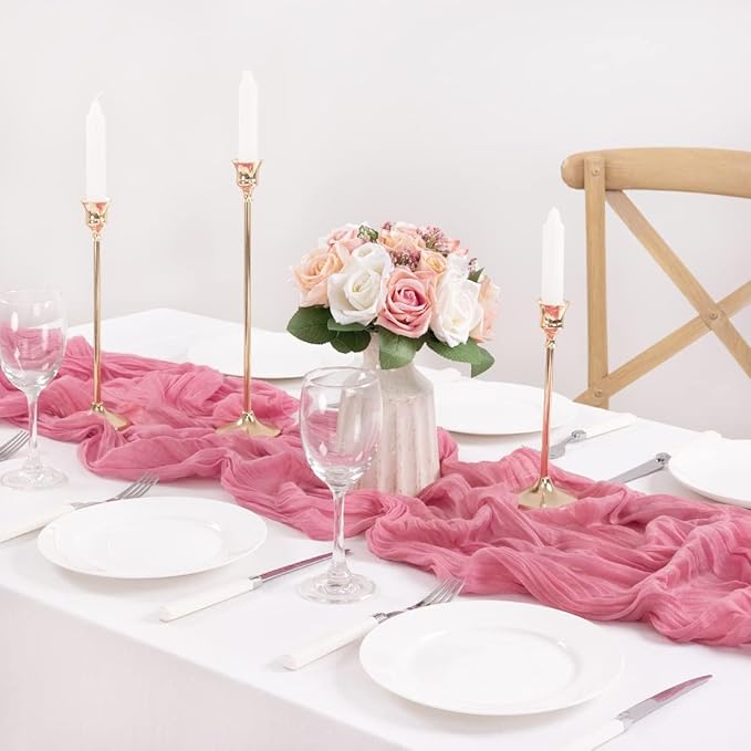 MLMC 3 Pack Mauve Pink Table Runner 10ft Sheer Gauze Cheesecloth Table Runner Bulk Rustic Winter Decor 35x120 Inches for Boho Wedding Bridal Baby Shower Birthday Party Decor