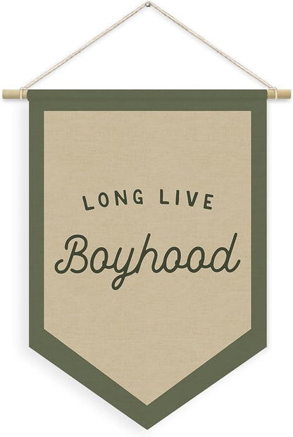 Boys Room Decor, Long Live Boyhood Linen Canvas Banner, Boy Nursery Wall Hanging Pennant Flag Banner for Boys Kids Toddler Room Bedroom Playroom Decor, 15x11in - Green
