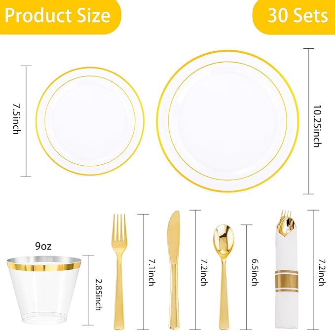 DaYammi 210PCS Clear Gold Plastic Dinnerware Set Christmas Plates Disposable Fancy Platos for Party Include: 30 Dinner Plates, 30 Dessert Plates, 30 Pre Rolled Napkins with Gold Silverware, 30 Cups