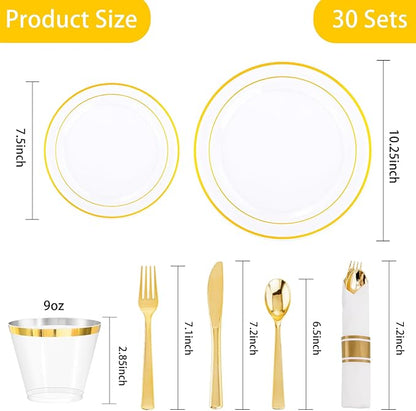 DaYammi 210PCS Clear Gold Plastic Dinnerware Set Christmas Plates Disposable Fancy Platos for Party Include: 30 Dinner Plates, 30 Dessert Plates, 30 Pre Rolled Napkins with Gold Silverware, 30 Cups