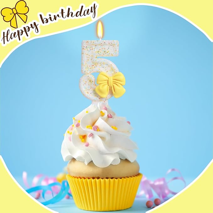 Birthday Candle for Cake, Yellow Bow Cake Candles, Cake Topper Decoration for Birthday Party (Number 5)