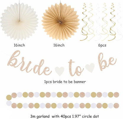 Champagne-Gold Beige Fall Boho Bachelorette Party-Decorations - 21pcs Women Bridal Shower Banner Garland,Bride To Be Paper Streamers Lanterns,Flower Tissue Pom Poms Fan Favors Wedding Decor Huglony