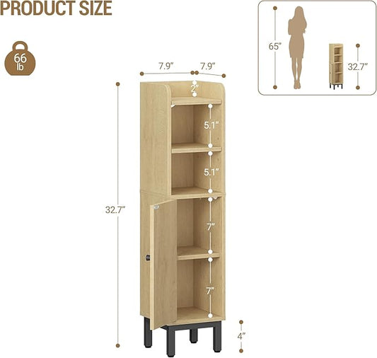 Bathroom Storage Cabinet, Small Corner Floor Cabinet with Door and Shelves, Narrow Toilet Paper Holder, Bathroom Organizer with Adjustable Shelf, for Small Spaces, Yellow BC08202B