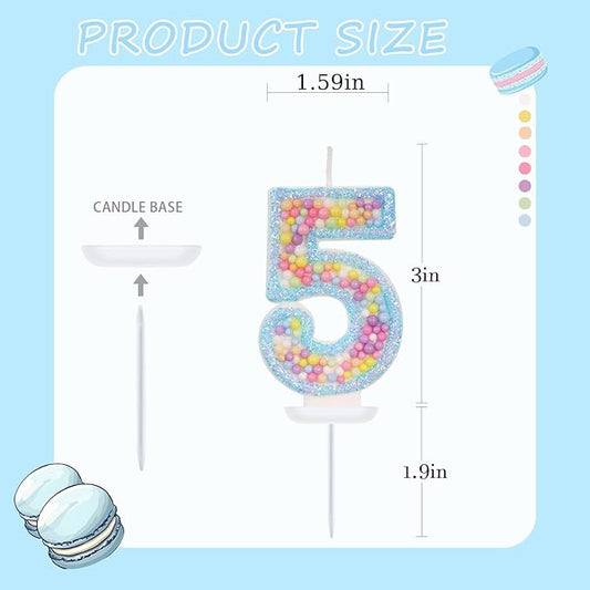 Birthday Candles - Number 5 Candle, Colorful Macaron Candles for Boys/Girls, Blue Cake Decorations, Blue Birthday Decorations