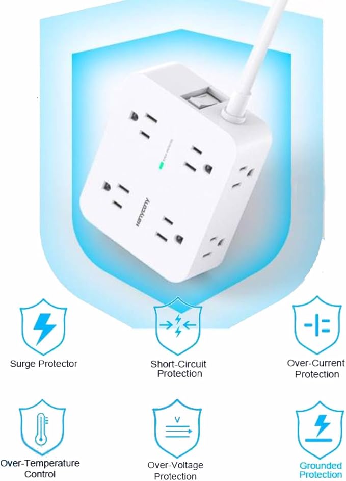 Power Strips with Surge Protection - HANYCONY 8 Widely Outlets with 4 USB Ports (2 USB C), 3-Side Outlet Extender Strip, 5 Ft Extension Cord, Ideal for Home Office College Dorm Room Essentials