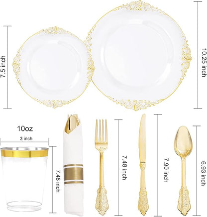 Hioasis 210pcs Clear and Gold Plastic Plates - Elegant Disposable Dinnerware Set Suitable for 30 Guests Include 10.25" Dinner & 7.5" Dessert Plates, Pre Rolled Silverware Set, Cups for Party & Wedding