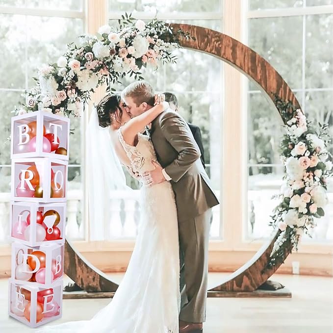 96 PC Bridal Shower Decorations Balloon Boxes White- Transparent Block with BRIDE TO BE + GROOM + A - Z Letters and 40 Balloons- Engagement Bachelorette Parties Weddings Centerpieces Photo Booth Props