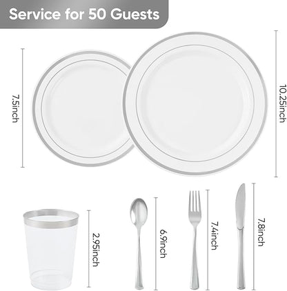 175 Pcs Silver Disposable Plates for 25 Guests, Disposable Plastic Plates, Dinnerware Set Include 25 Dinner Plates, 25 Salad Plates,25 Cups, 25 Paper Napkins for Party, Wedding, Thanksgiving