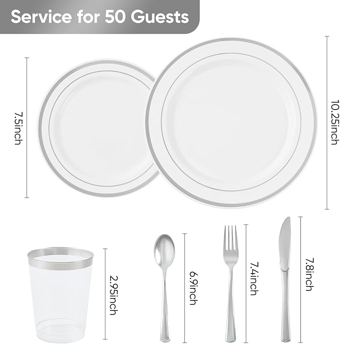 350 Pieces Silver Disposable Plates for 50 Guests, Disposable Plastic Plates for Party, Wedding, Dinnerware Set of 50 Dinner Plate, 50 Salad Plate,50 Cups and 50 Paper Napkins, Silver