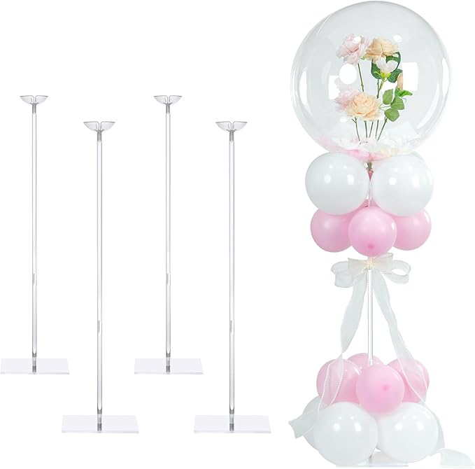 YALLOVE Balloon Stands for Table Set of 4, Adjustable Height 15.75 Inch, 23.62 Inch Balloon Centerpiece Stand, Acrylic Balloon Stick Holder with Base for Party Decorations (Balloons Not Included)