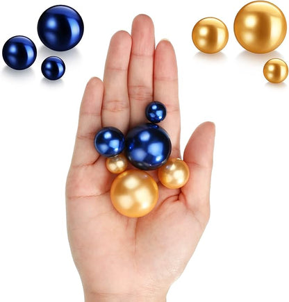 Hicarer 120 Pieces Pearl for Vase Filler Pearl Bead Vase Centerpieces Brush Holder Assorted Round Faux Bead for Crafting, Home Wedding Table Decor 14/20/30 mm(Navy Blue, Gold)