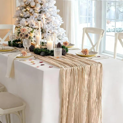 10 Pack Champagne Cheesecloth Table Runner 35x120 Inches, Boho Gold Cheese Cloth Table Runner 10FT Boho Sheer Gauze Runner for Bridal Shower Wedding Baby Shower Party Decor